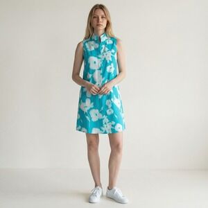 Tuckernuck Sleeveless Charlie Shirt Dress sz M Turquoise Watercolor Floral Print